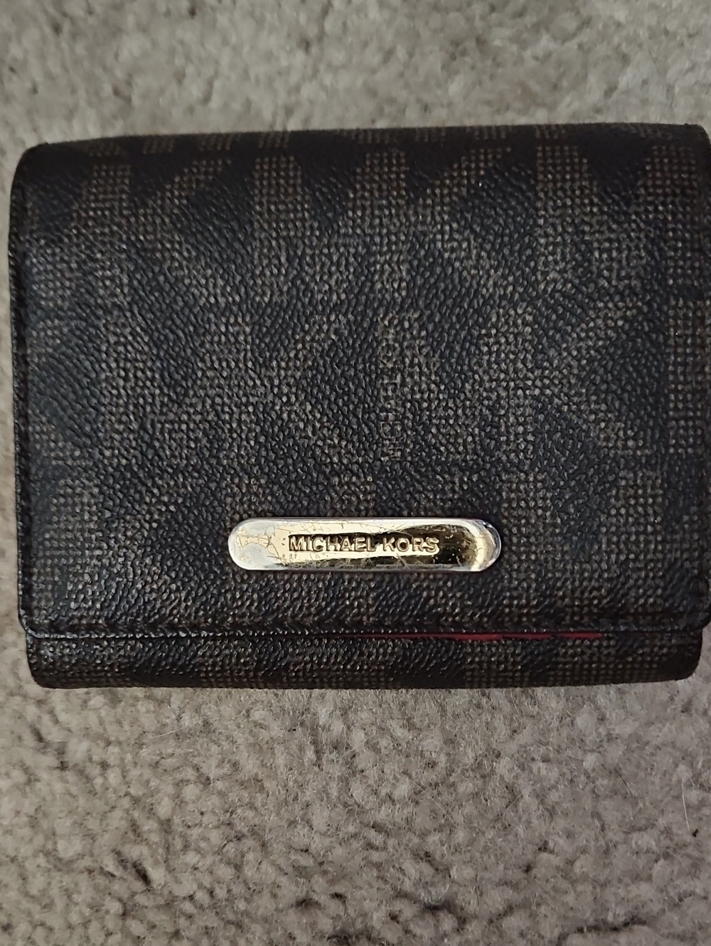 Michael Kors Black and Brown Signature Compact Wallet with Gold Plaque